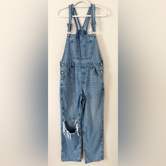 American Eagle Baggy Dad Light Wash 100% Cotton Wide Leg Overalls - Picture 1 of 12